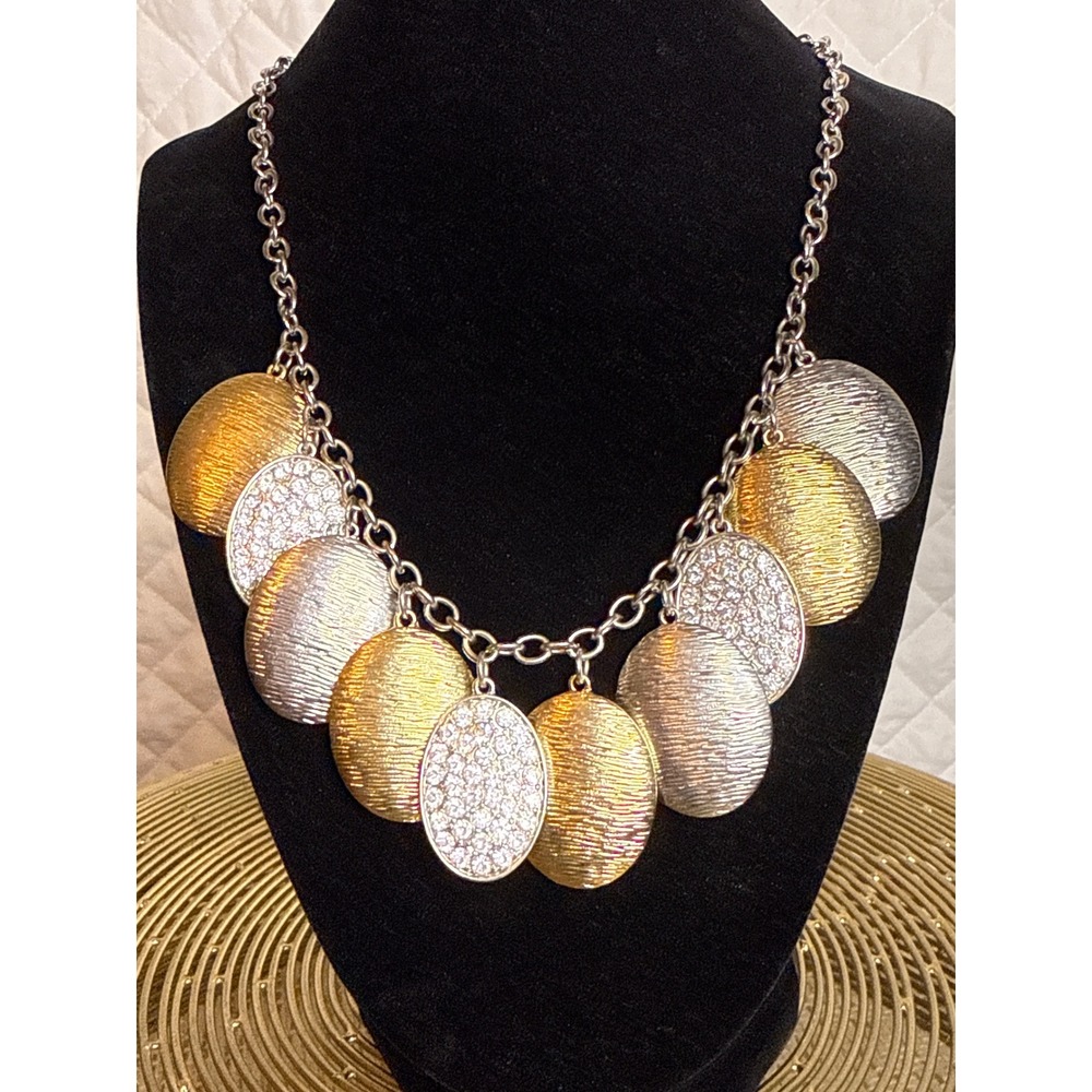 Ellen Tracy Mixed Metal Bib Necklace‎ Gold Silver Tone Rhinestone Statement ET